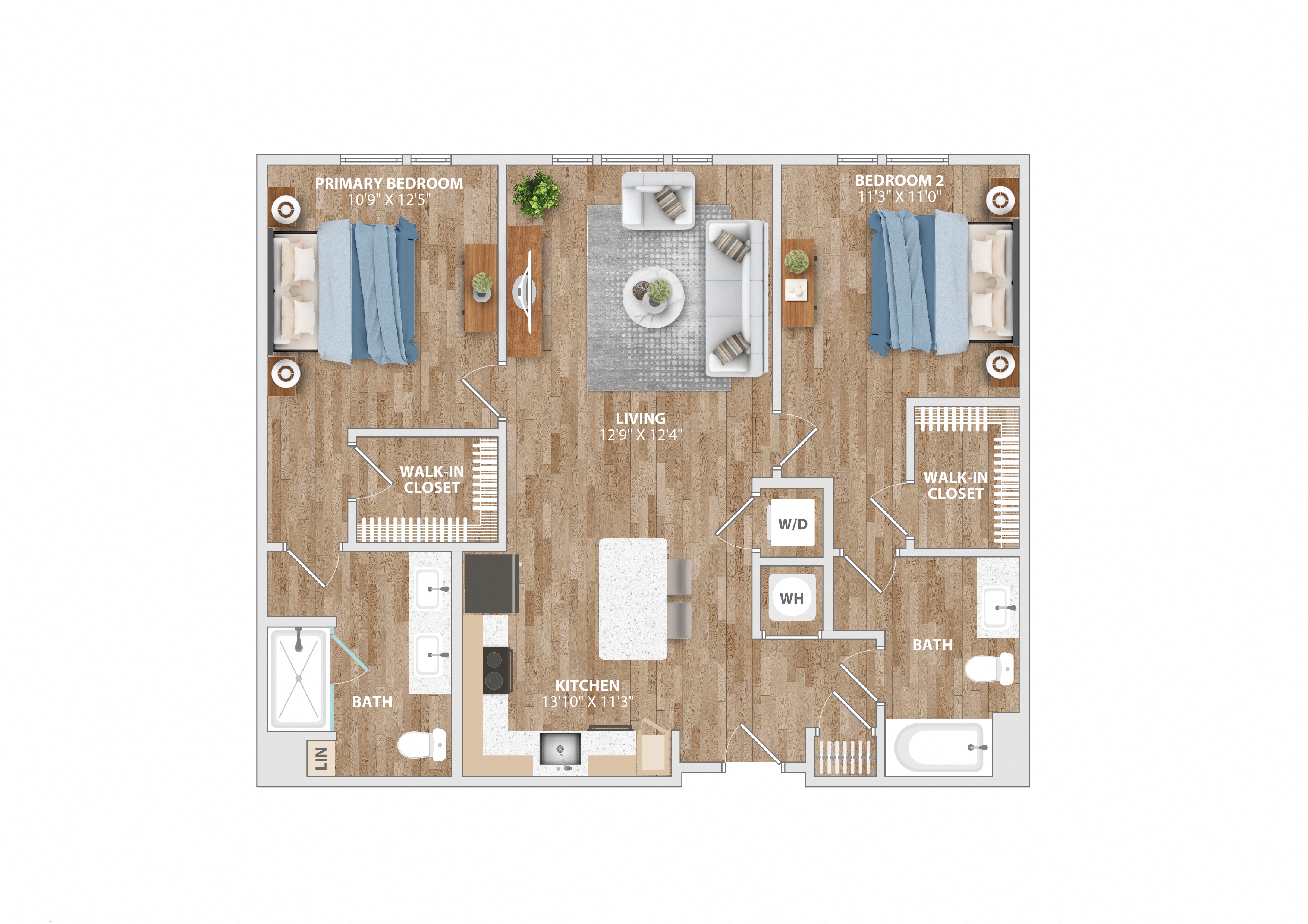 B1B Floor Plan 2 Bed 2 Bath 1,096 Sq. Ft. at Hawkins Press Apartments, Charlotte, NC 28203